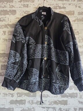 Ann Maurice Black Blue Pelican Nature Print Button Down Shirt L/XL